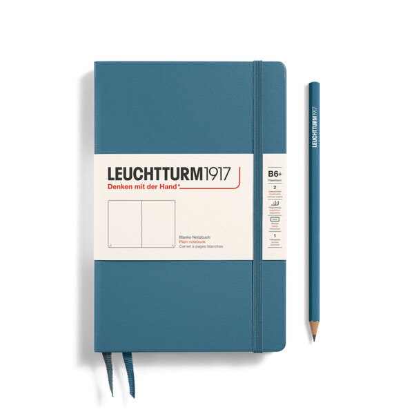 Stone blue hardcover blank notebook with 2 bookmarks, with thin fabric strap closure.